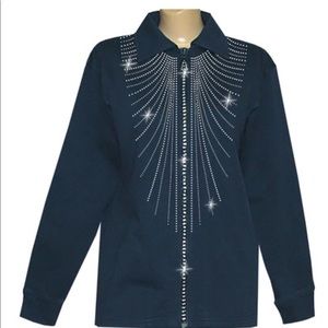 Navy Decorated Zipper Cardigan with Collar